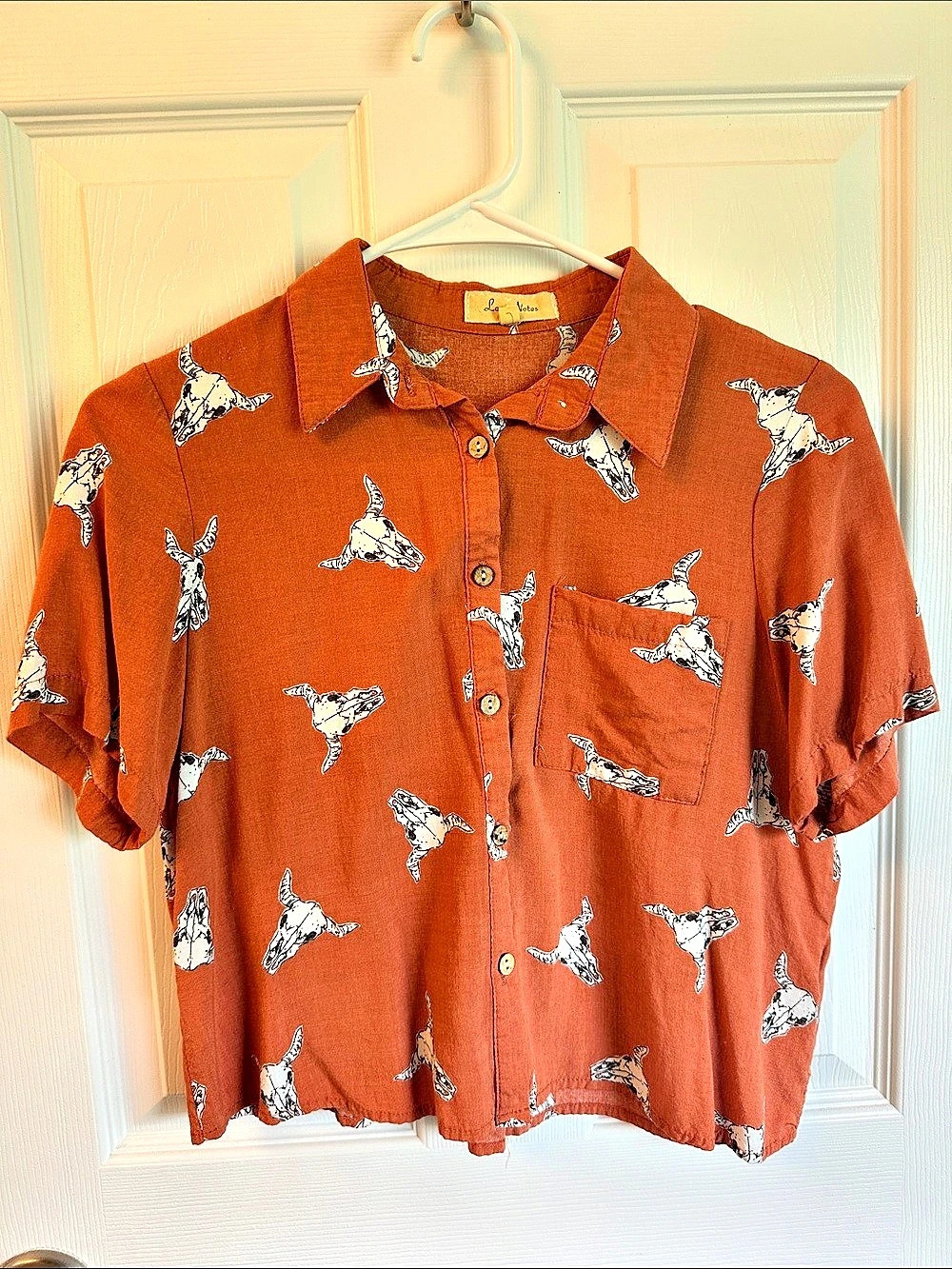 Women's Rust Western Print Button Down CropShirt